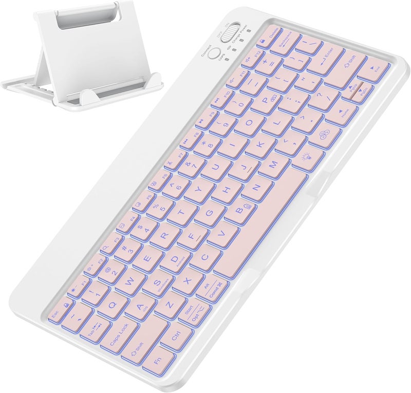 Omoton Bluetooth Keyboard for Tablet/Android/Windows/iOS, with 7 Colors Backlight Rechargeable Wireless Mini Keyboard for Galaxy Tab A9+ / S9 FE / S10 / S11 / A11 Series etc, Pink - Image 1